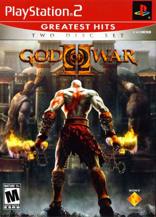 God of War II Greatest Hits Two Disc Set PlayStation 2 PS2 for action adventure video game fans featuring brutal hack and slash combat epic Greek mythology cinematic storytelling massive boss battles challenging puzzles powerful weapons Kratos adventure collectible gaming appeal front art