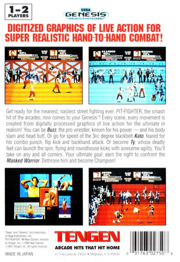 Pit Fighter back cover art for Sega Genesis (GEN) video game