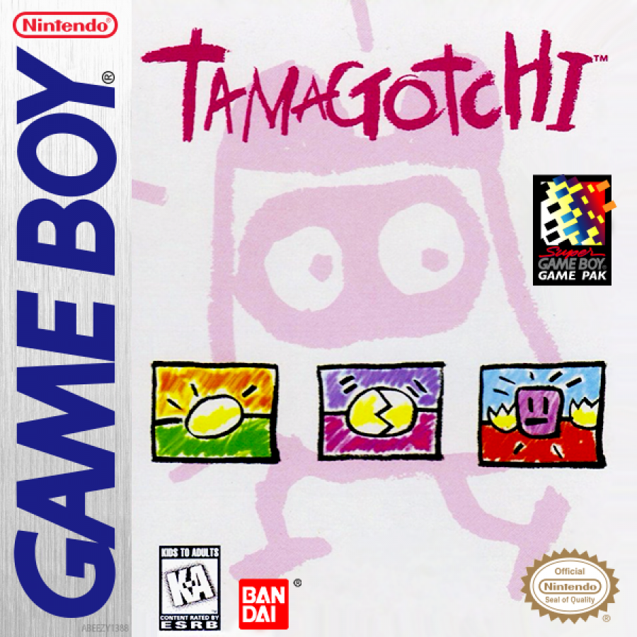 Tamagotchi Game Boy virtual pet simulation video game cover art.
