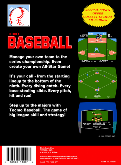 Tecmo Baseball back of box for Nintendo Entertainment System (NES) retro video game