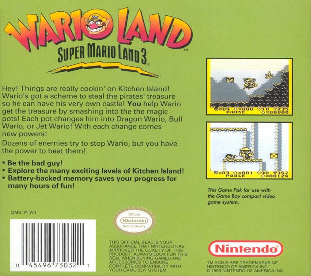 Wario Land Super Mario Land 3 Game Boy GB for retro video game enthusiasts featuring side scrolling platforming gameplay treasure collecting challenging enemy encounters unique power ups creative level design classic Nintendo handheld adventure and collectible gaming appeal back cover  