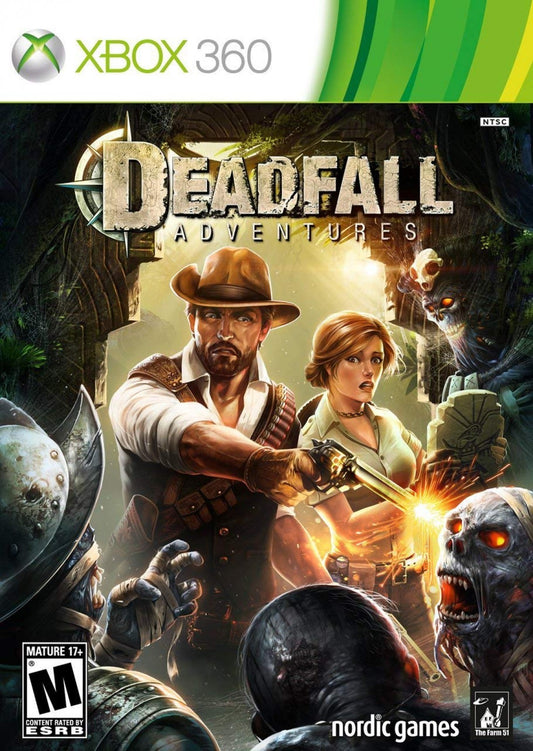 Deadfall Adventures first person action adventure video game featuring pulp style treasure hunting fast paced shooting ancient ruins puzzles and an Indiana Jones inspired cinematic gameplay experience front cover 