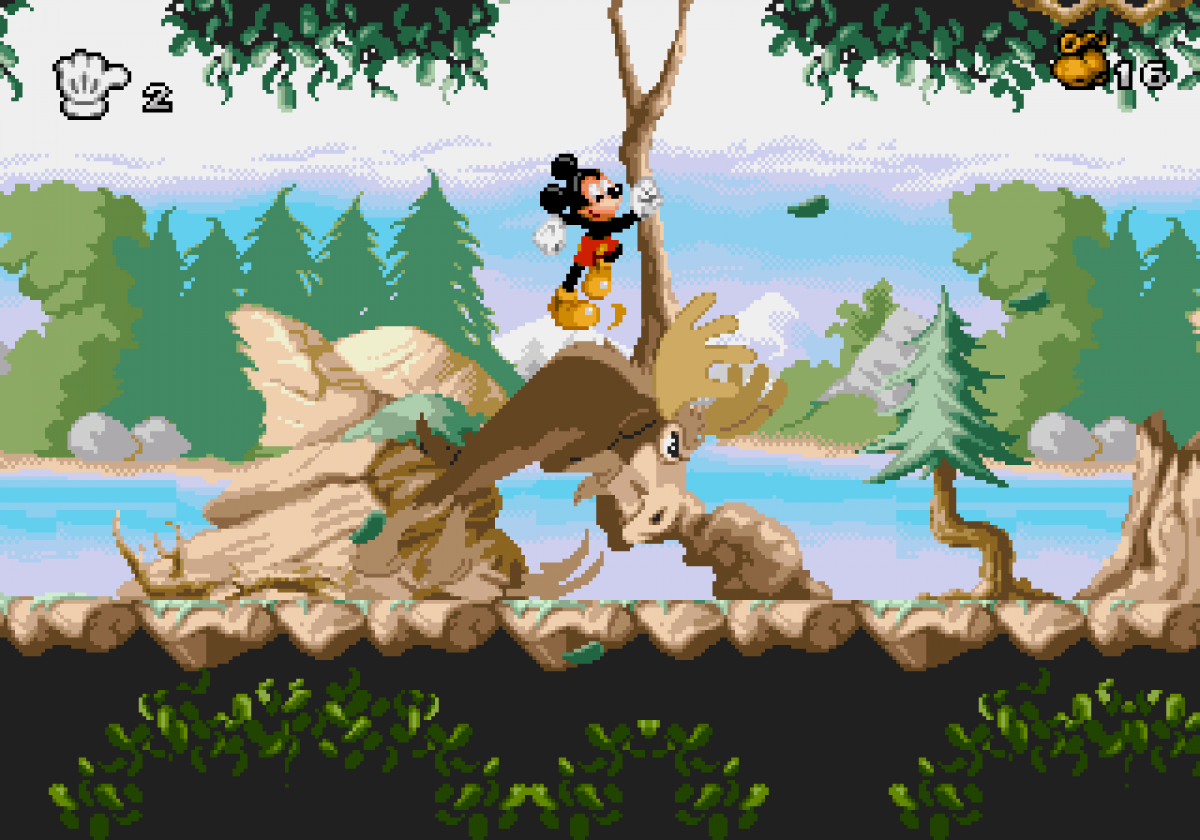 Mickey Mania Sega CD Sega Genesis Disney platformer starring Mickey Mouse animated cartoon inspired levels side scrolling action puzzle platforming enhanced CD audio FMV intro classic Disney gameplay retro gaming Sega CD software video game title gameplay