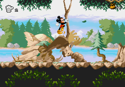 Mickey Mania Sega CD Sega Genesis Disney platformer starring Mickey Mouse animated cartoon inspired levels side scrolling action puzzle platforming enhanced CD audio FMV intro classic Disney gameplay retro gaming Sega CD software video game title gameplay