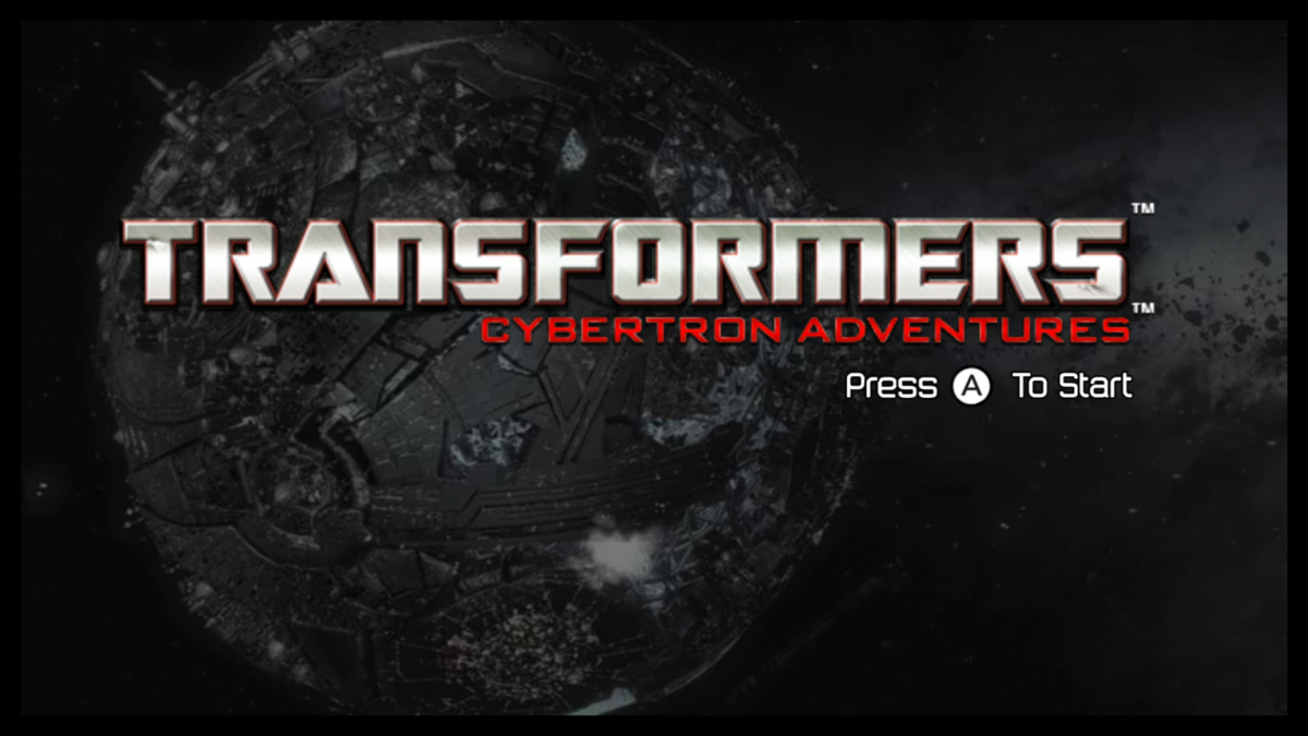 Transformers: Cybertron Adventures title screen for Nintendo Wii (Wii) featuring rail‑shooter combat with Autobots and Decepticons, cinematic missions, and battles set on Cybertron.