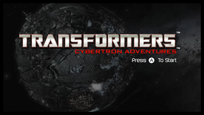 Transformers: Cybertron Adventures title screen for Nintendo Wii (Wii) featuring rail‑shooter combat with Autobots and Decepticons, cinematic missions, and battles set on Cybertron.