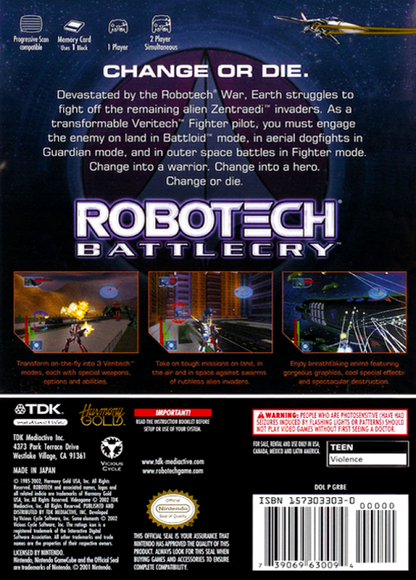 Robotech Battlecry back cover art for GameCube game featuring aerial mech combat action inspired by the classic anime series
