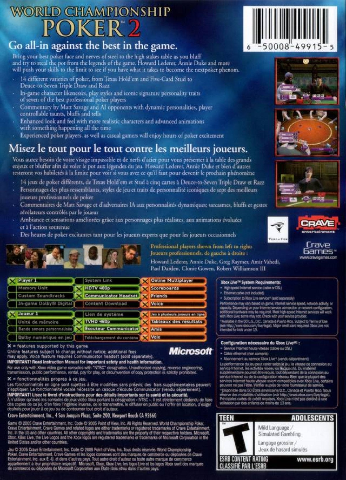World Championship Poker 2 Featuring Howard Lederer Xbox card game featuring authentic Texas Hold’em and tournament modes customizable characters online multiplayer casino environments and realistic poker simulation gameplay back cover