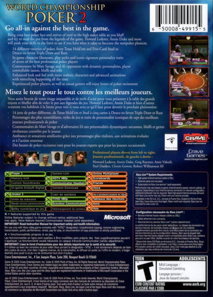 World Championship Poker 2 Featuring Howard Lederer Xbox card game featuring authentic Texas Hold’em and tournament modes customizable characters online multiplayer casino environments and realistic poker simulation gameplay back cover
