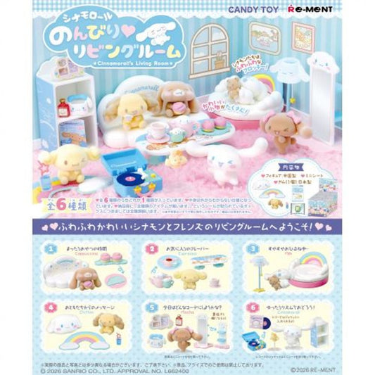 The Re-Ment Cinnamoroll Relaxing Living Room — Blind Box is a collectible mini figure series featuring Cinnamoroll and friends enjoying cozy everyday moments in a cute living room setting. Each box includes one random design out of six, with highly detailed accessories and soft, relaxing themed scenes