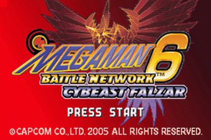 Mega Man Battle Network 6: Cybeast Falzar for Game Boy Advance action RPG card battle game featuring Lan and MegaMan.EXE grid based combat Cybeast Falzar version multiplayer link battles start menu