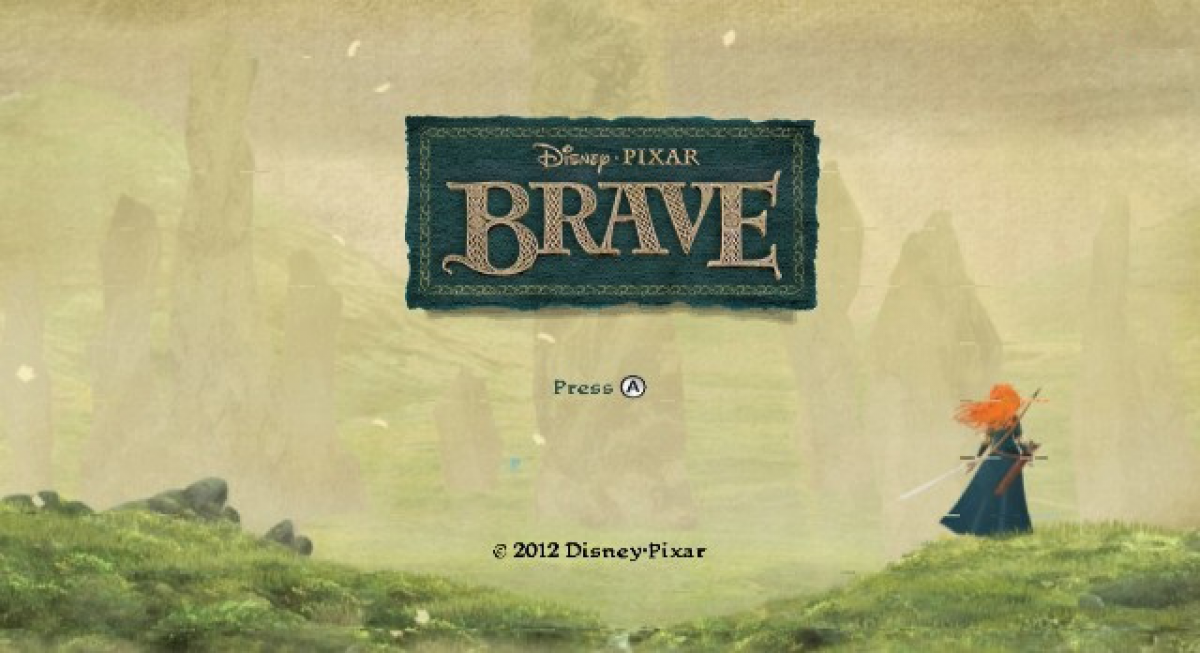 Disney Pixar Brave Nintendo Wii game featuring action adventure gameplay based on the Brave film with Merida using archery sword combat puzzle solving cooperative play and story driven levels set in a magical Scottish world title screen 