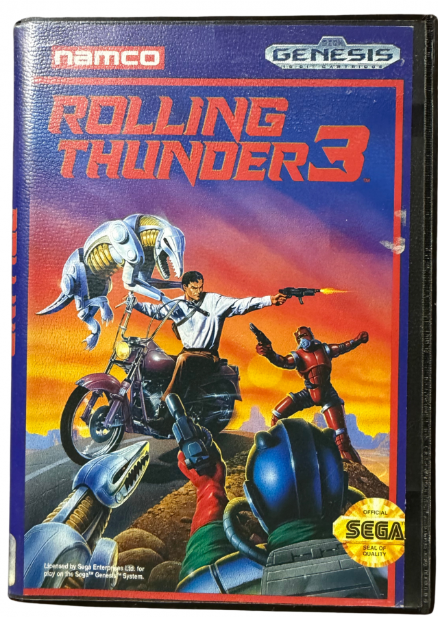 Rolling Thunder 3 Sega Genesis for side scrolling action shooter video game fans featuring fast paced run and gun combat secret agent missions enemy soldiers powerful weapons challenging stages boss battles arcade style action and classic 16 bit gameplay collectible retro Sega Genesis gaming appeal cover art