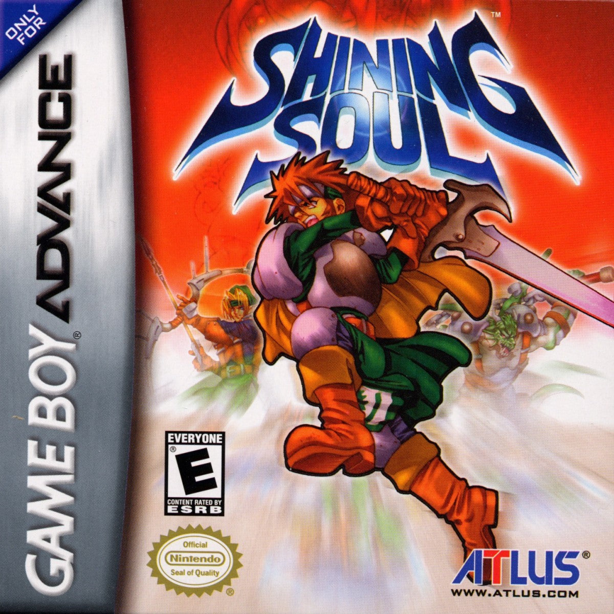 Shining Soul cartridge for the Game Boy Advance featuring action RPG gameplay with real time combat dungeon exploration character classes and multiplayer co op in a fantasy setting cover art