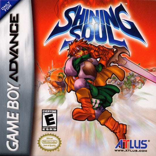 Shining Soul cartridge for the Game Boy Advance featuring action RPG gameplay with real time combat dungeon exploration character classes and multiplayer co op in a fantasy setting cover art