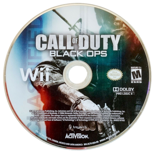 Call of Duty Black Ops Nintendo Wii video game, first-person shooter, military action campaign and multiplayer, motion-controlled console title disc