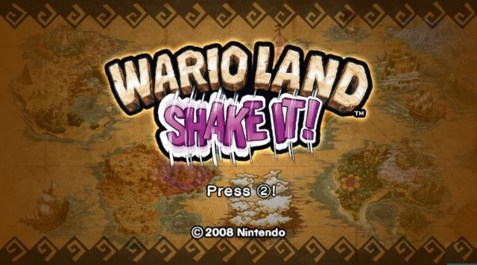 Wario Land: Shake It title screen for Nintendo Wii (Wii) featuring side‑scrolling platform action with hand‑drawn animation, treasure hunting, and motion‑controlled shaking mechanics.