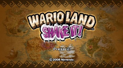 Wario Land: Shake It title screen for Nintendo Wii (Wii) featuring side‑scrolling platform action with hand‑drawn animation, treasure hunting, and motion‑controlled shaking mechanics.