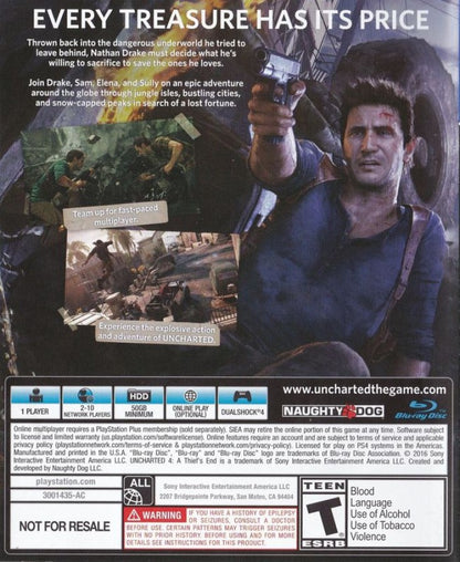 Uncharted 4: A Thief's End [Not for Resale] for PlayStation 4 (PS4) at Gamers INC, featuring Nathan Drake’s final cinematic adventure with breathtaking set pieces, refined third-person action, and a globe-trotting treasure hunt filled with puzzles, stealth, and explosive storytelling in a special retail promo edition copy back cover