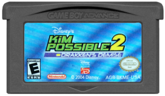 Disneys Kim Possible 2 Drakkens Demise for Game Boy Advance, cartridge for an action platformer video game with side-scrolling gameplay, stealth elements, character-based missions, and cartoon-style combat