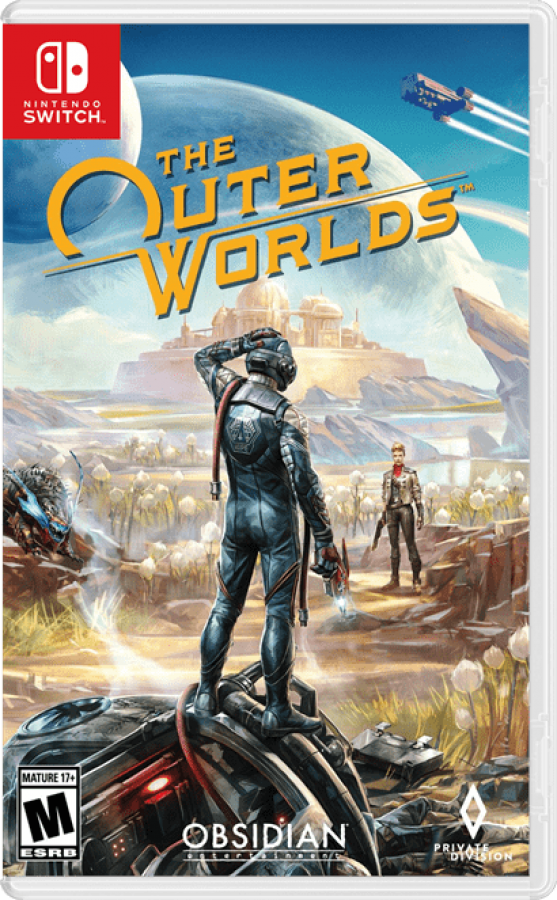 The Outer Worlds Nintendo Switch game featuring sci-fi RPG exploration, player choice, and space adventure gameplay front cover