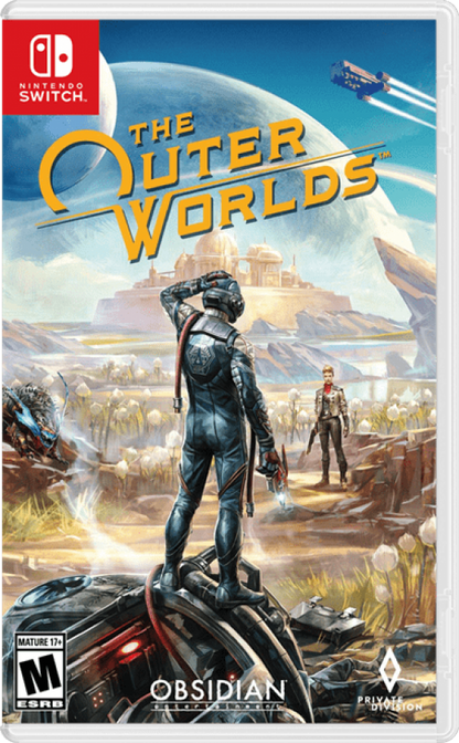 The Outer Worlds Nintendo Switch game featuring sci-fi RPG exploration, player choice, and space adventure gameplay front cover
