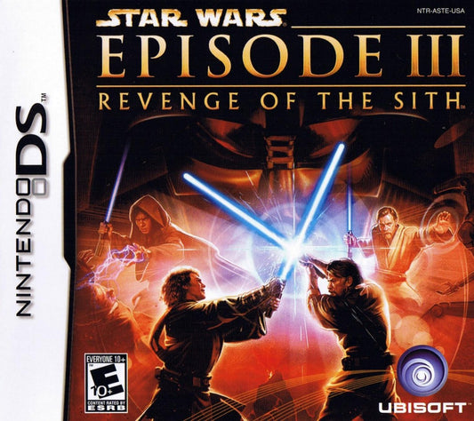 Star Wars Episode III Revenge of the Sith cartridge for the Nintendo DS featuring action combat gameplay based on the movie with lightsaber battles force powers and cinematic missions following Anakin and Obi Wan cover art