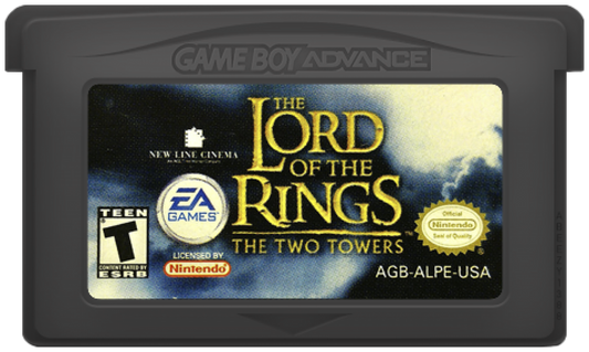 The Lord of the Rings The Two Towers for Game Boy Advance, cartridge for a retro video game featuring action-adventure gameplay, hack-and-slash combat, character progression, and movie-inspired fantasy battles