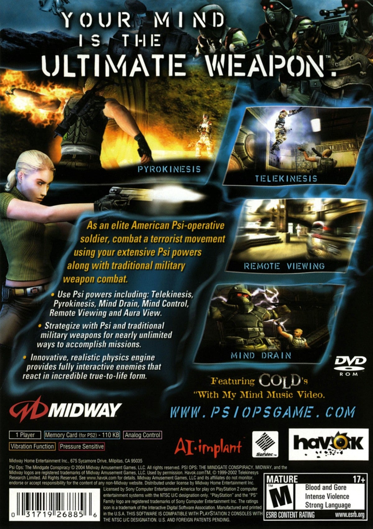 Psi-Ops The Mindgate Conspiracy PS2 Sony PlayStation 2 third person action shooter psychic powers telekinesis mind control fire manipulation stealth combat Midway Games sci fi conspiracy story driven gameplay retro gaming PlayStation 2 software video game title back cover art