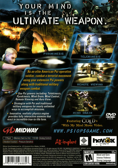 Psi-Ops The Mindgate Conspiracy PS2 Sony PlayStation 2 third person action shooter psychic powers telekinesis mind control fire manipulation stealth combat Midway Games sci fi conspiracy story driven gameplay retro gaming PlayStation 2 software video game title back cover art