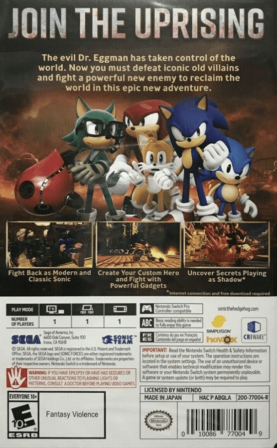 Sonic Forces back of box for Nintendo Switch NS video game