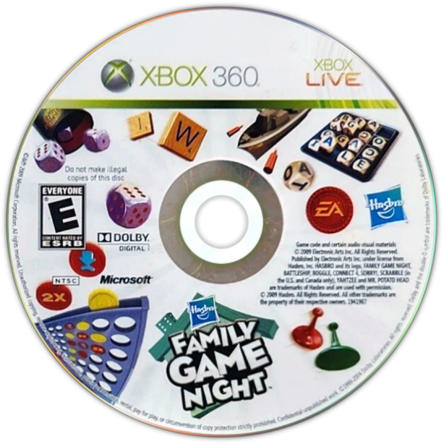 Hasbro Family Game Night Xbox 360 inspired design featuring classic board game collection aesthetic family friendly multiplayer fun digital tabletop entertainment colorful party gameplay iconic Hasbro favorites casual gaming nostalgia presentation disc 