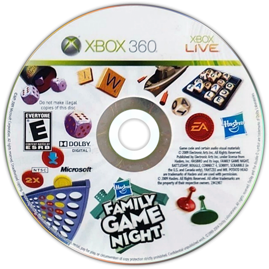 Hasbro Family Game Night Xbox 360 inspired design featuring classic board game collection aesthetic family friendly multiplayer fun digital tabletop entertainment colorful party gameplay iconic Hasbro favorites casual gaming nostalgia presentation disc 