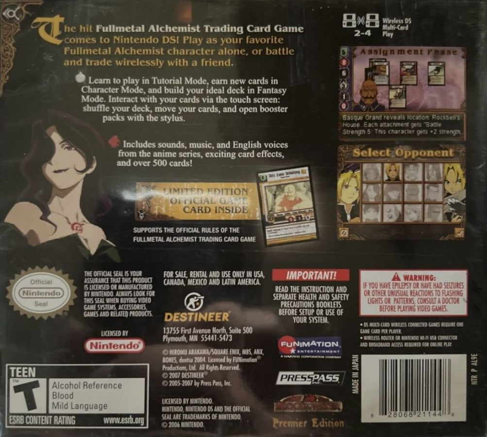Fullmetal Alchemist: Trading Card Game Nintendo DS DS for strategy card battle retro video game fans featuring collectible card duels deck building anime inspired characters tactical gameplay alchemy themed battles competitive matches classic handheld gaming collectible gaming appeal back of case