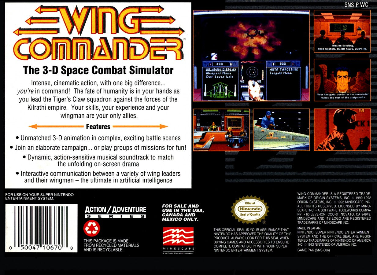 Wing Commander retro SNES video game Wing Commander sci fi space combat flight simulation interstellar warfare arcade style action gameplay console title Super Nintendo release back of case