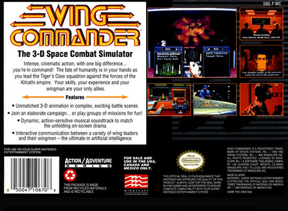 Wing Commander retro SNES video game Wing Commander sci fi space combat flight simulation interstellar warfare arcade style action gameplay console title Super Nintendo release back of case