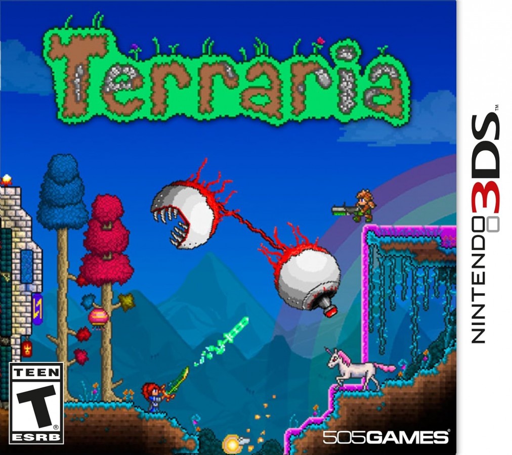 Terraria Nintendo 3DS for video game enthusiasts featuring sandbox adventure gameplay crafting resource gathering exploration building survival action procedurally generated worlds boss battles and collectible gaming appeal cover art 