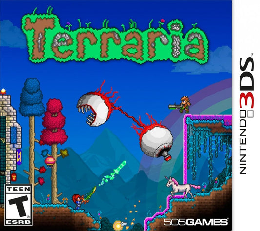 Terraria Nintendo 3DS for video game enthusiasts featuring sandbox adventure gameplay crafting resource gathering exploration building survival action procedurally generated worlds boss battles and collectible gaming appeal cover art 