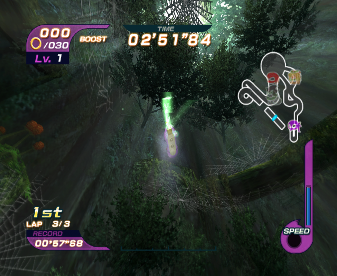 Sonic Riders gameplay for GameCube (GC) game featuring high-speed hoverboard racing and arcade-style competition 