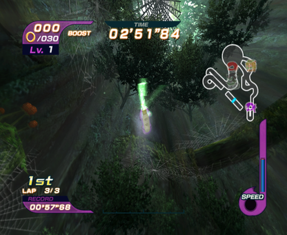 Sonic Riders gameplay for GameCube (GC) game featuring high-speed hoverboard racing and arcade-style competition 