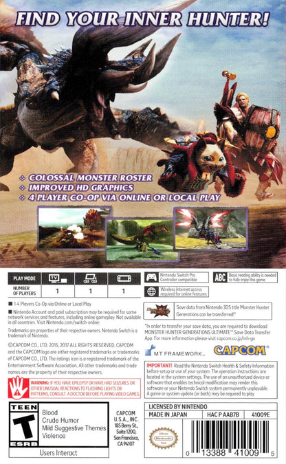 Monster Hunter Generations Ultimate Nintendo Switch inspired design featuring epic action role playing adventure aesthetic massive monster battles legendary weapons cooperative hunting quests vast fantasy environments deep character progression gameplay presentation back cover art