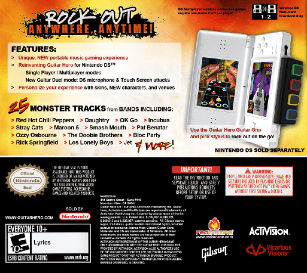 Guitar Hero: On Tour back of case for Nintendo DS (DS) music rhythm video game