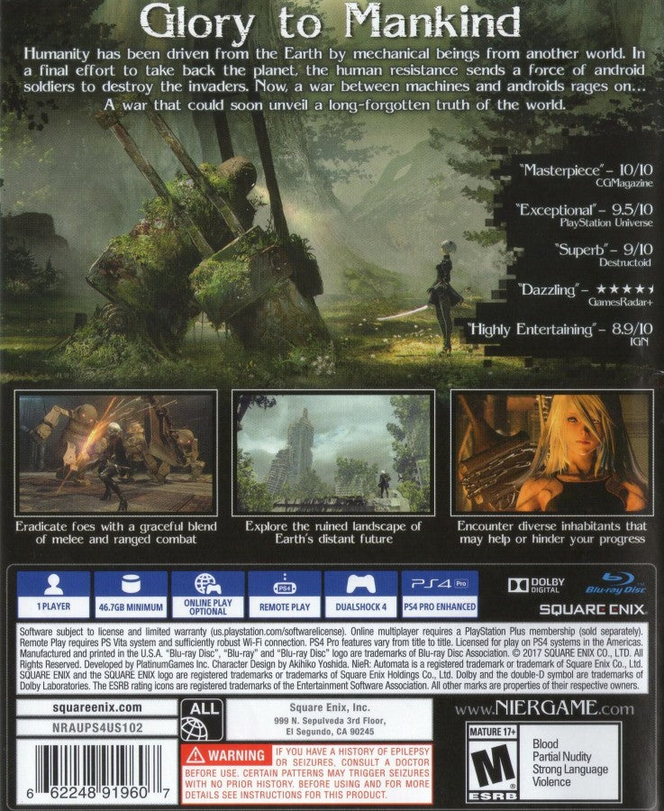 NieR:Automata retro PS4 video game Nier Automata action RPG sci fi hack and slash futuristic combat story driven adventure anime inspired gameplay console back cover