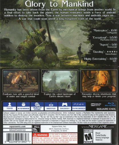 NieR:Automata retro PS4 video game Nier Automata action RPG sci fi hack and slash futuristic combat story driven adventure anime inspired gameplay console back cover