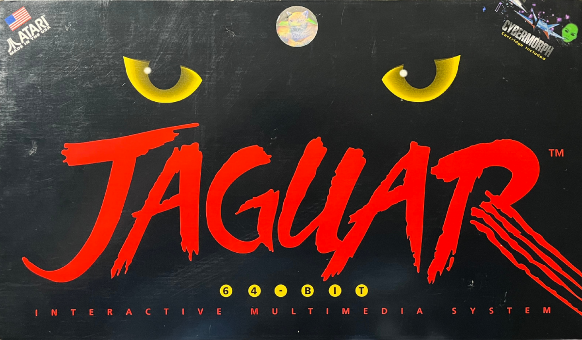 Atari Jaguar console system retro gaming hardware 64 bit system cartridge based gaming classic Atari console vintage gaming system home console Jaguar gaming system hardware box front