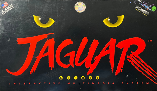 Atari Jaguar console system retro gaming hardware 64 bit system cartridge based gaming classic Atari console vintage gaming system home console Jaguar gaming system hardware box front
