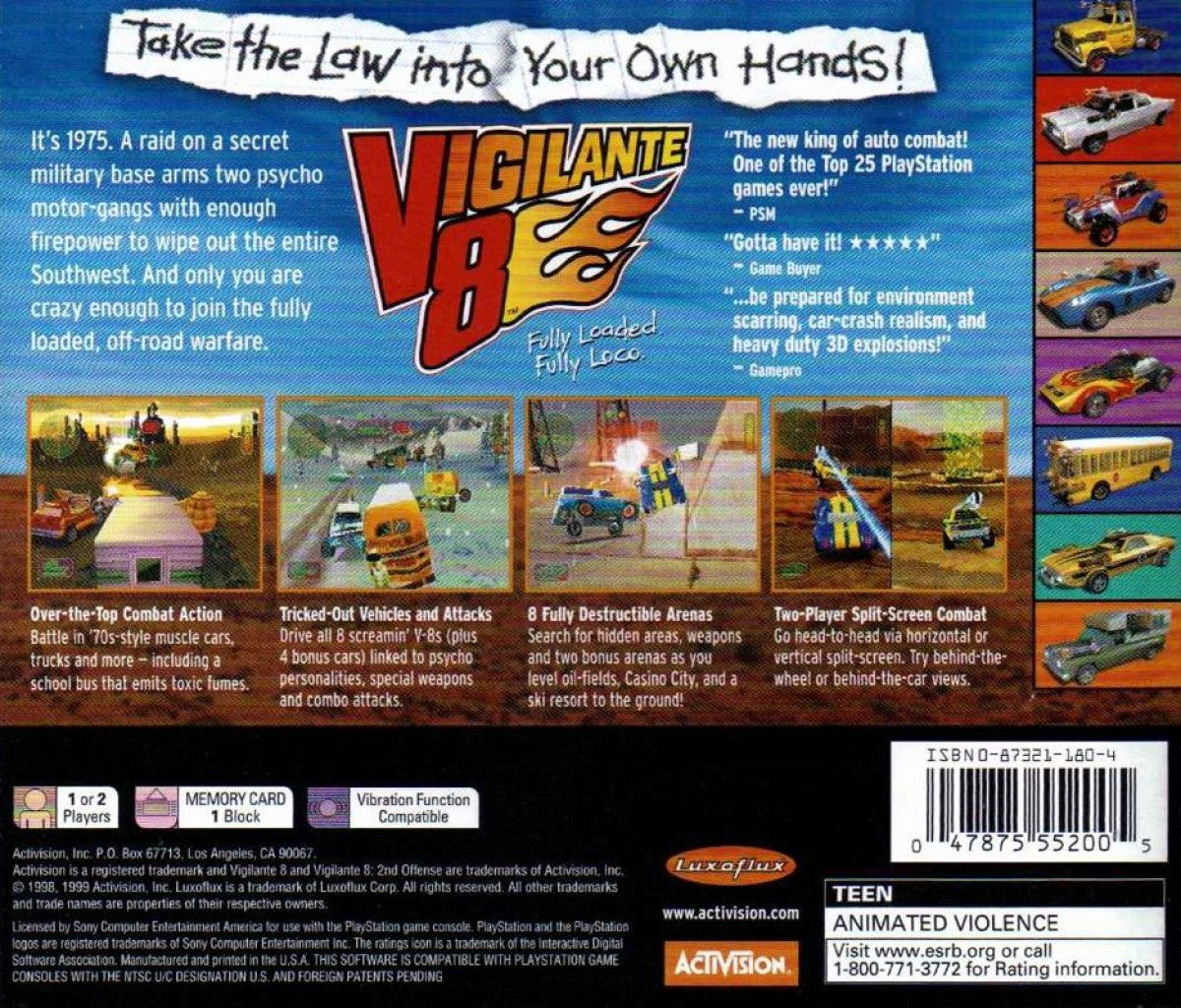 Vigilante 8 [Greatest Hits] back cover art for PlayStation 1 (PS1) racing video game. 