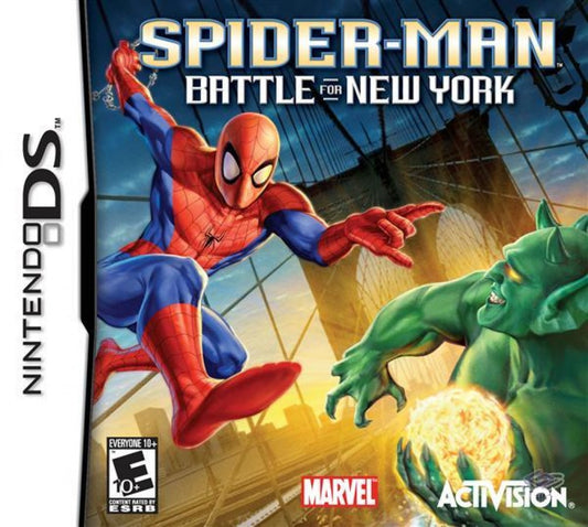 Spider-Man Battle for New York for Nintendo DS, cover image for an action-adventure video game with superhero combat, web-slinging gameplay, mission-based progression, and comic-inspired storyline
