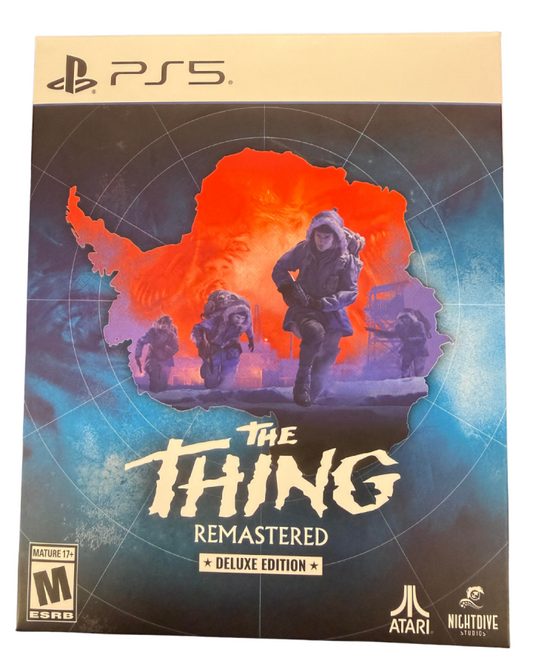 The Thing Remastered Deluxe Edition for PlayStation 5 survival horror shooter featuring squad trust mechanics arctic setting remastered visuals and bonus collectible content cover