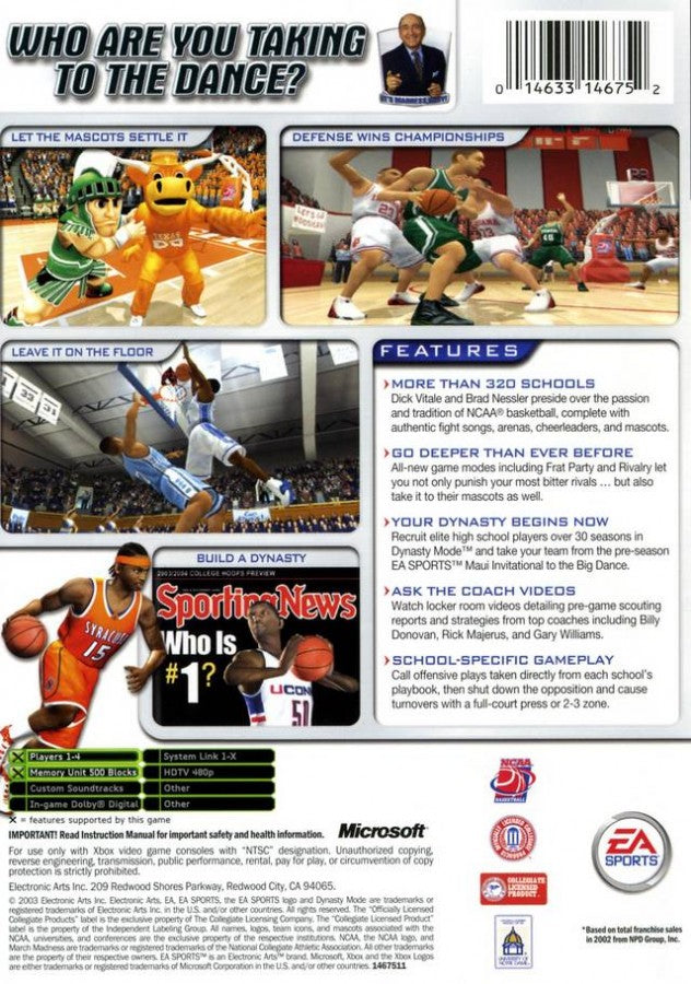 NCAA March Madness 2004 back cover art for Xbox (XBOX) video game 